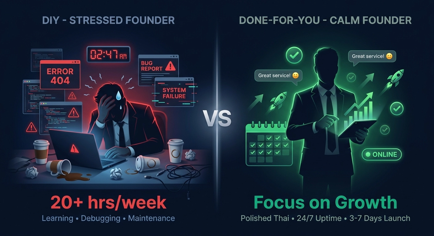DIY versus agency comparison for ChatGPT LINE OA chatbot setup showing time investment and business focus