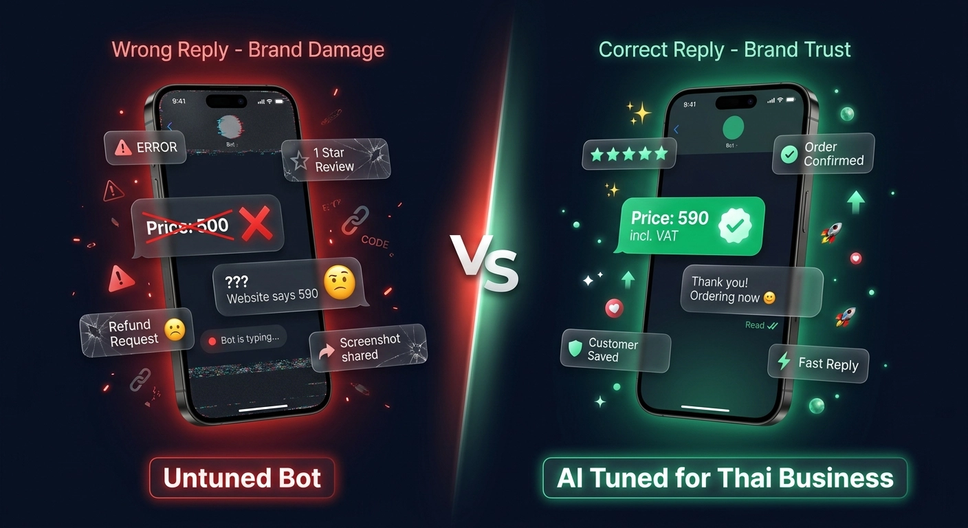LINE OA chatbot quality comparison showing wrong AI reply versus correct polished response for Thai customer service